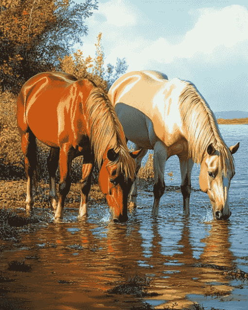 Horses Drinking Animal Art Diamond Painting