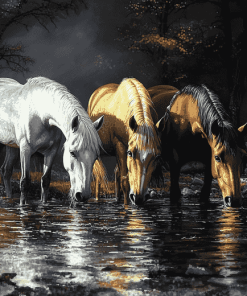 Horses Drinking Scene Diamond Painting