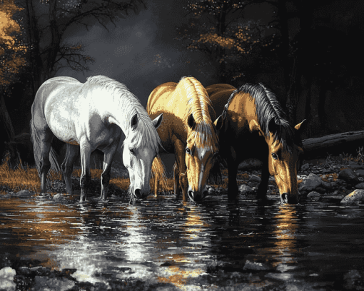 Horses Drinking Scene Diamond Painting