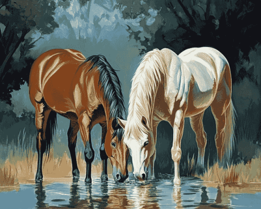 Horses Drinking Water Diamond Painting