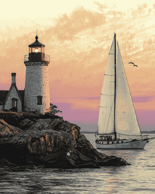 Lighthouse and Sailboat Scenes Diamond Painting