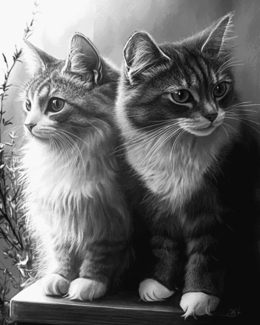 Monochrome Fluffy Kittens Diamond Painting