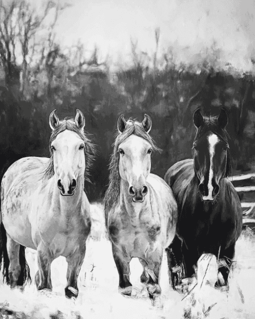 Monochrome Horses on the Farm Diamond Painting