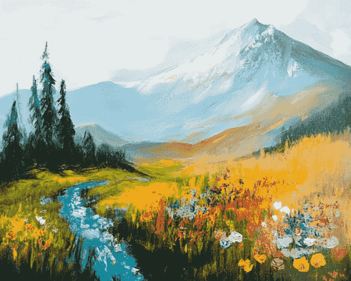 Mt Rainier Floral Landscape Diamond Painting