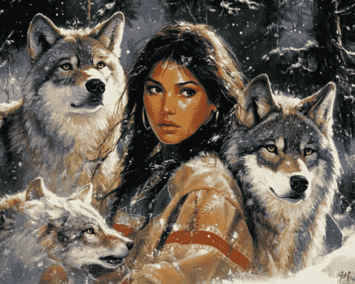 Native Wolves and Woman Diamond Painting