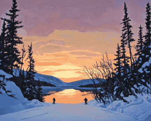 Newfoundland Sunset Skiing Scene Diamond Painting