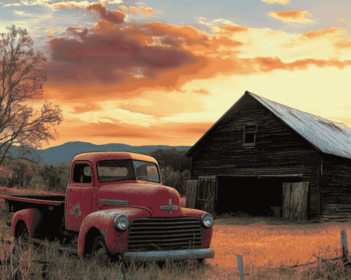 Red Barn and Vintage Truck Diamond Painting