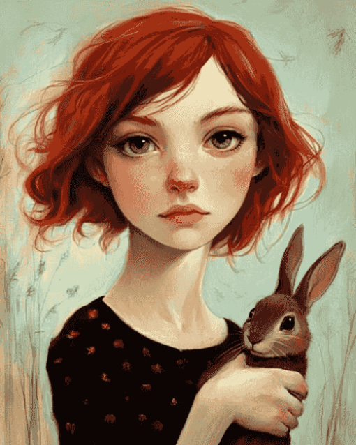 Red-Haired Girl with Bunnies Diamond Painting