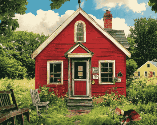 Red Schoolhouse Building Diamond Painting