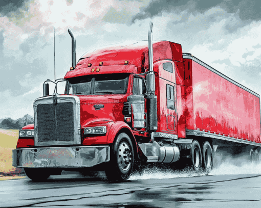 Red Semi Truck Engines Diamond Painting