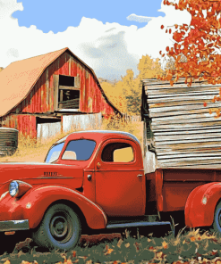 Red Truck and Barn Scene Diamond Painting