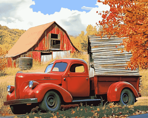 Red Truck and Barn Scene Diamond Painting