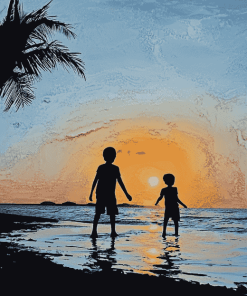 Silhouette of Kids on Beach Diamond Painting