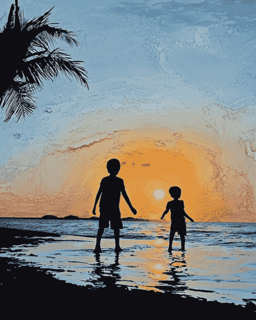 Silhouette of Kids on Beach Diamond Painting