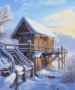 Snowy Landscape Cabin Diamond Painting