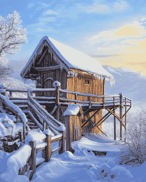 Snowy Landscape Cabin Diamond Painting