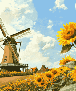 Sunflower and Dutch Windmill Landscape Diamond Painting