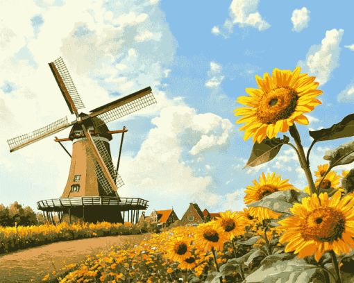 Sunflower and Dutch Windmill Landscape Diamond Painting