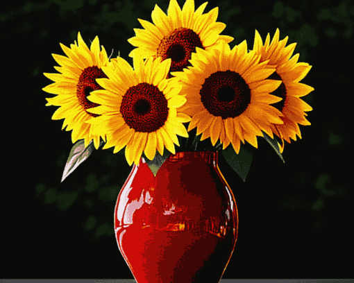 Sunflowers in Vibrant Red Vase Diamond Painting