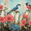 Vibrant Birds and Flowers on Fence Diamond Painting