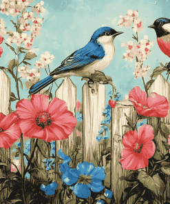 Vibrant Birds and Flowers on Fence Diamond Painting