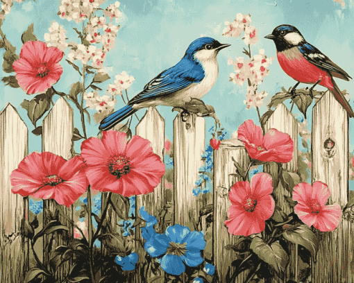 Vibrant Birds and Flowers on Fence Diamond Painting