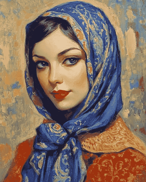 Vintage Blue Scarf Woman Diamond Painting