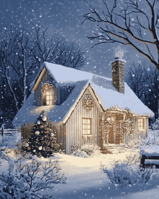 Vintage Snowy House Diamond Painting