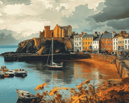 Wales Tenby Harbour Landscape Diamond Painting