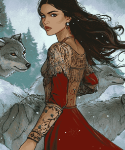 Woman and Wolves Animation Diamond Painting