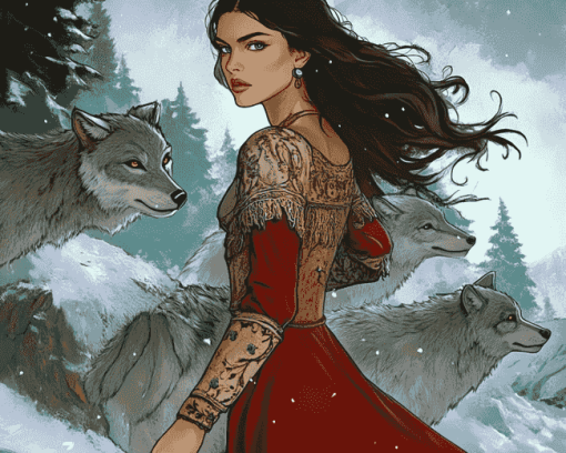 Woman and Wolves Animation Diamond Painting